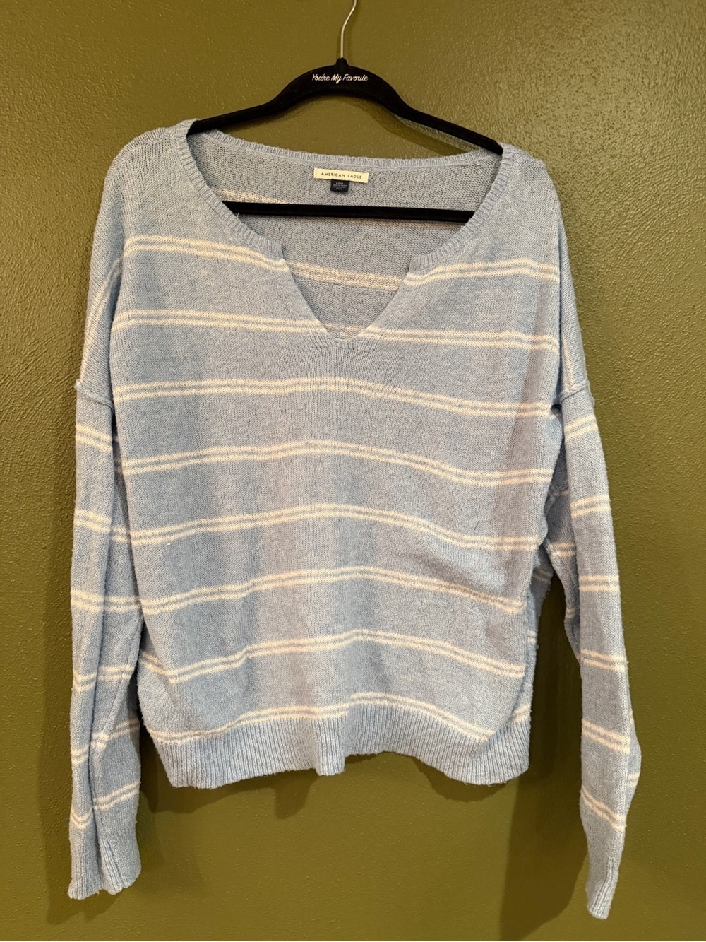 American Eagle Outfitters Blue and White Striped V-Neck Sweater